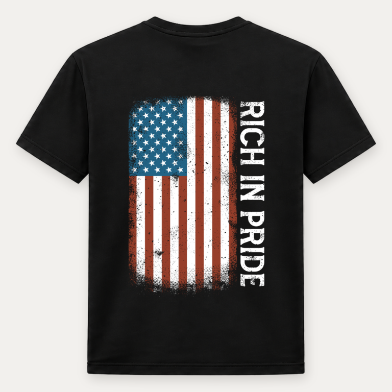 Rich in Pride black tee, back design